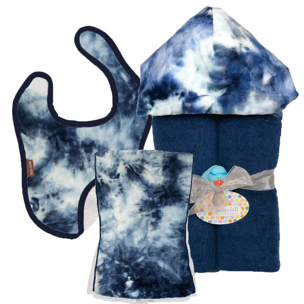 Navy Tie Dye Gift Set - Towel, Burp and Bib
